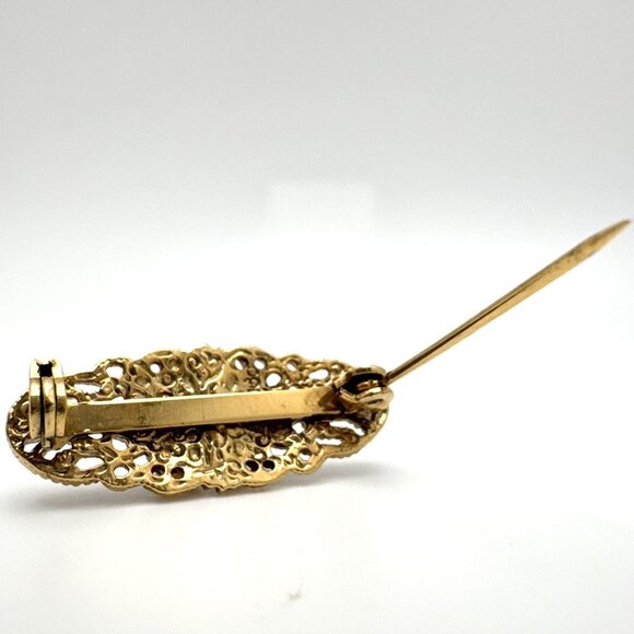 Small Dainty Porcelain Rose Bar Brooch Pin Gold Tone Open Work Floral Design - Picture 5 of 6